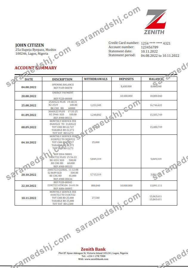 Nigeria Zenith Bank statement